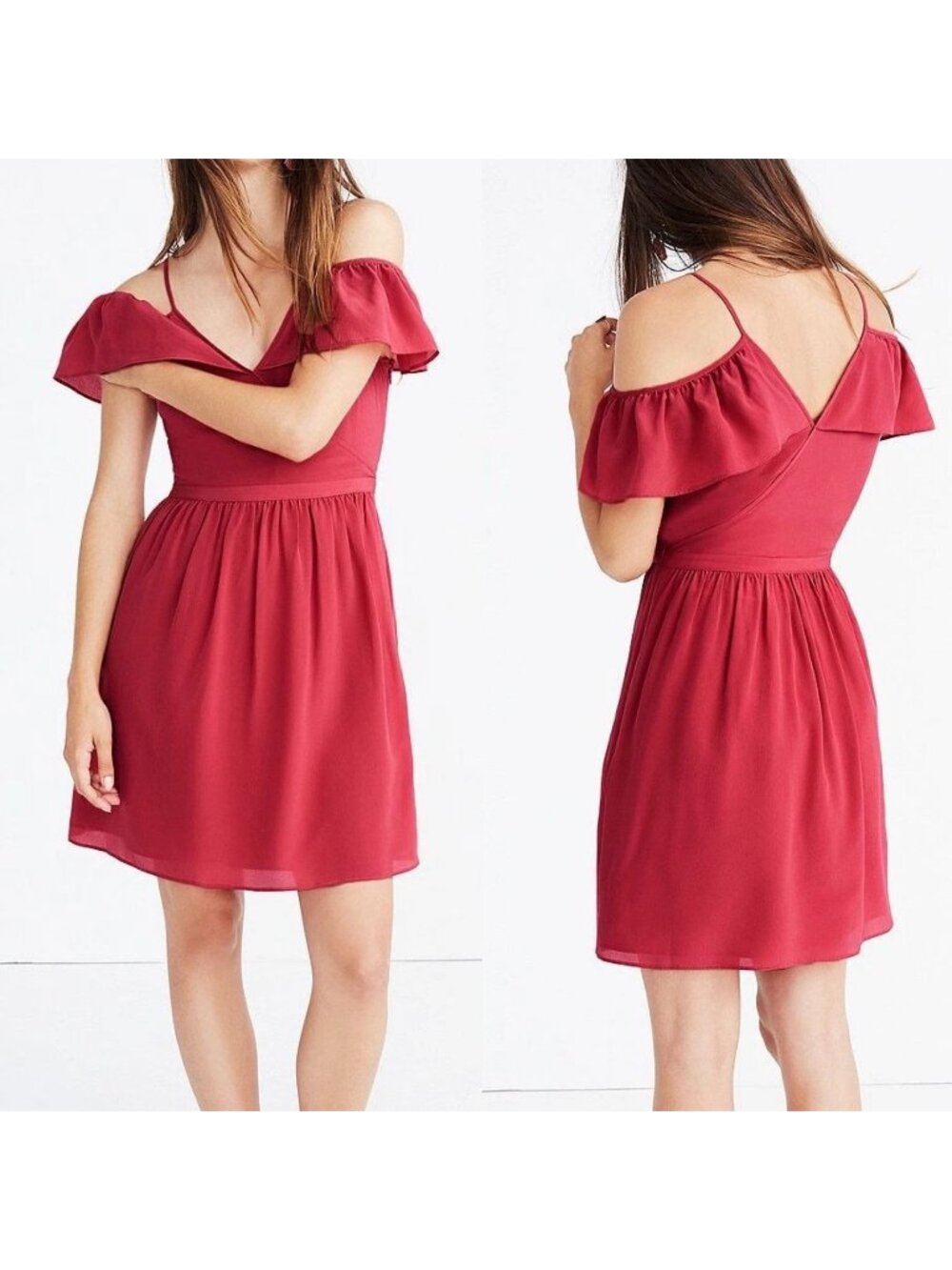 Madewell Silk Cold Shoulder Ruffle Dress Berry Orange Red Size 12